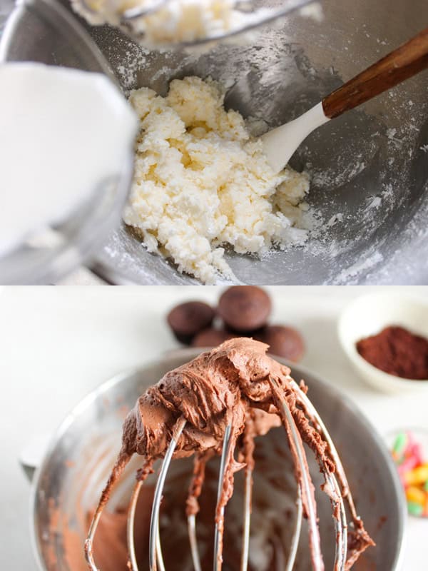 top: adding heavy cream to butter and powdered sugar mixture; bottom: chocolate frosting on mixer attachment