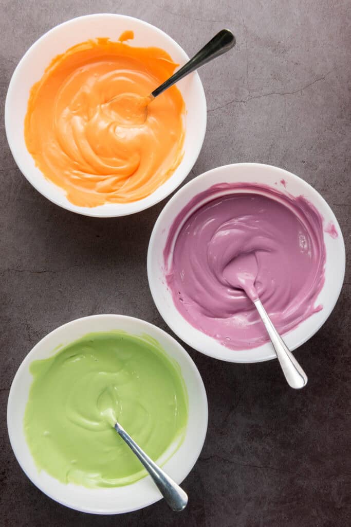 bowls of melted candy coating