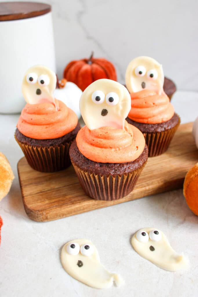 closeup of finished ghost cupcakes