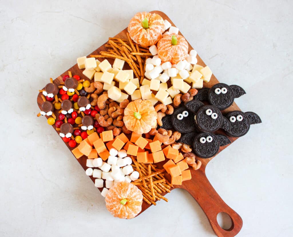 overhead shot of halloween charcuterie board