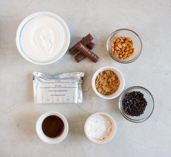 overhead shot of ingredients for twix apple dip