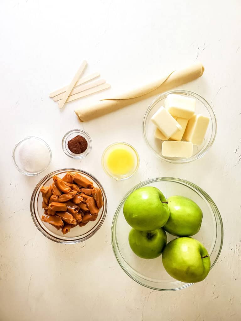 overhead shot of ingredients for apple pie caramel apples