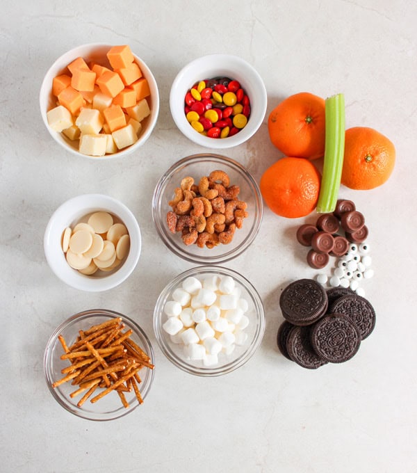 overhead shot of charcuterie board ingredients