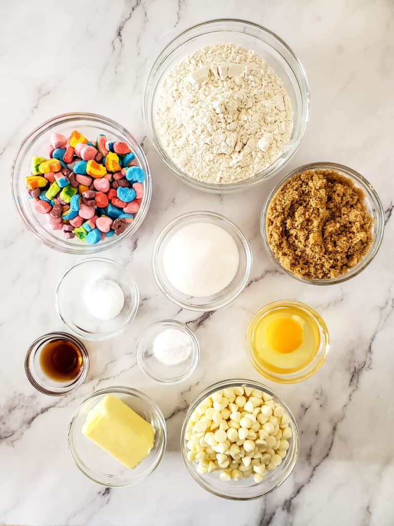 overhead shot of ingredients for lucky charms cookies