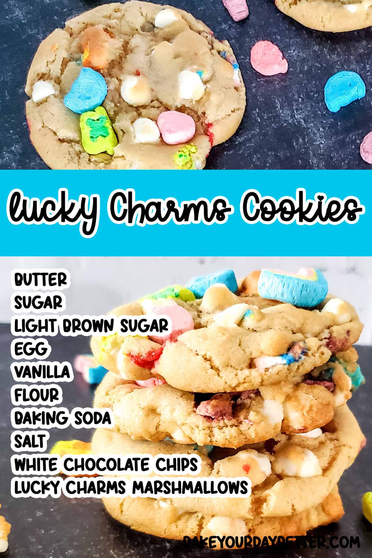 pictures of lucky charms cookies with text overlay of ingredients list