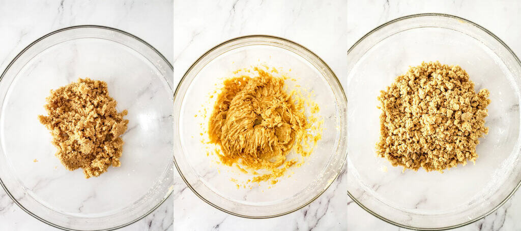 left: creamed butter, sugar, and brown sugar; center: egg and vanilla mixed in; right: flour, baking soda, and salt being mixed in