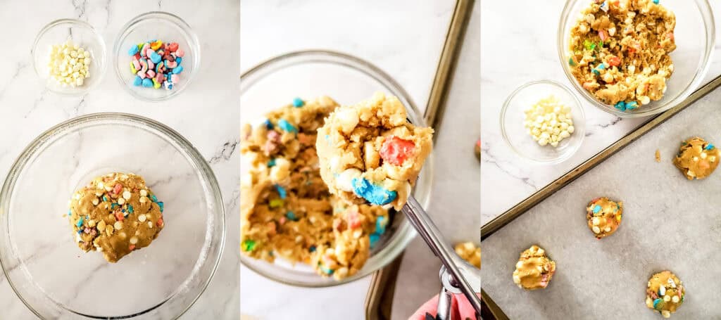 left: cookie dough with marshmallows and white chocolate mixed in; center: cookie dough in a scoop; right: cookie dough on baking sheet