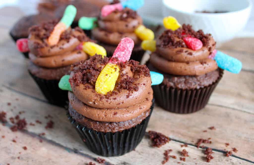 Halloween Dirt Cupcakes on counter
