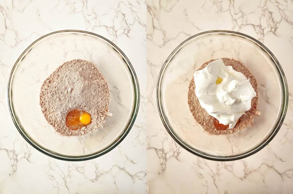 left: cake mix and egg in a bowl; right: whipped topping on top of ingredients, before mixing