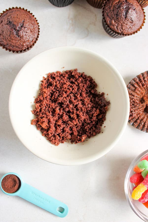 bowl of chocolate cupcake crumbles