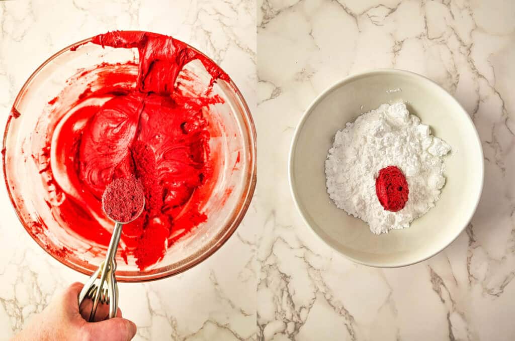 left: scooping the dough; right: dough ball in powdered sugar