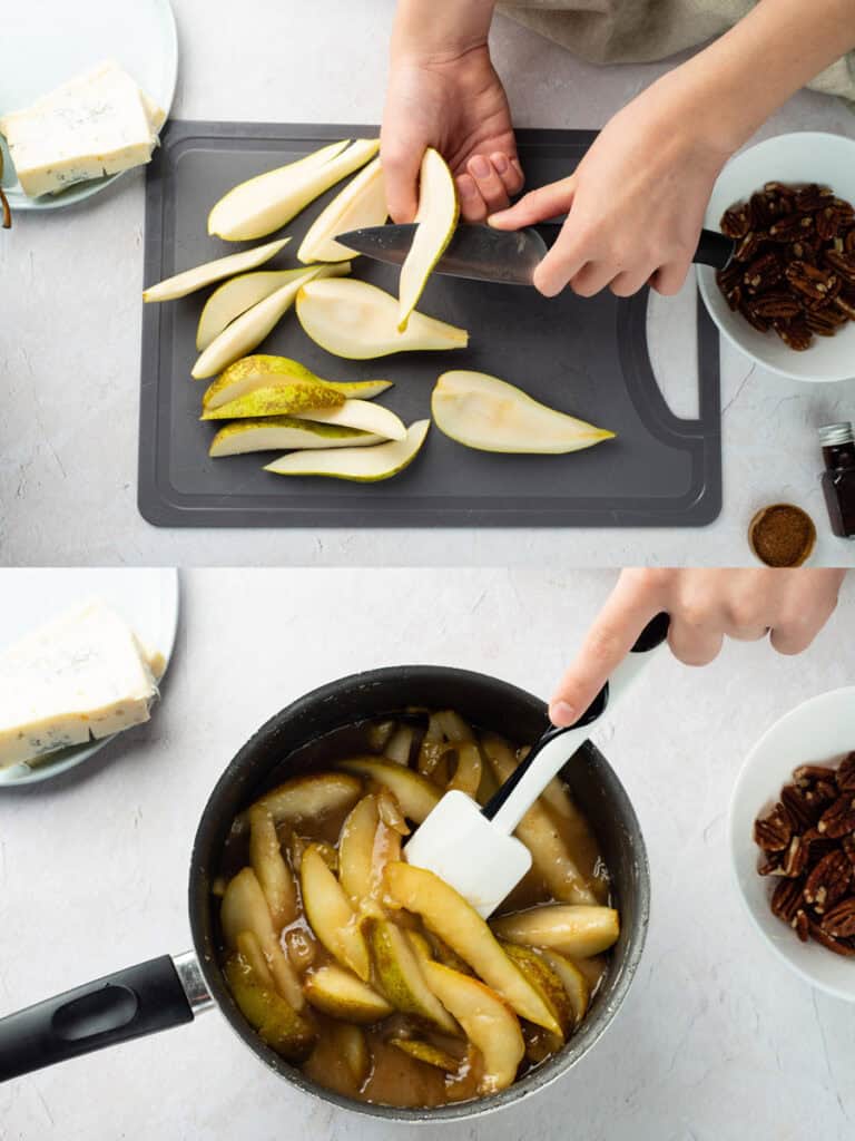 slicing and cooking the pears