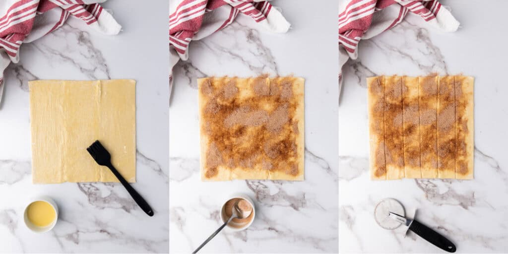 butter, cinnamon, and sugar added to puff pastry and then cut into strips