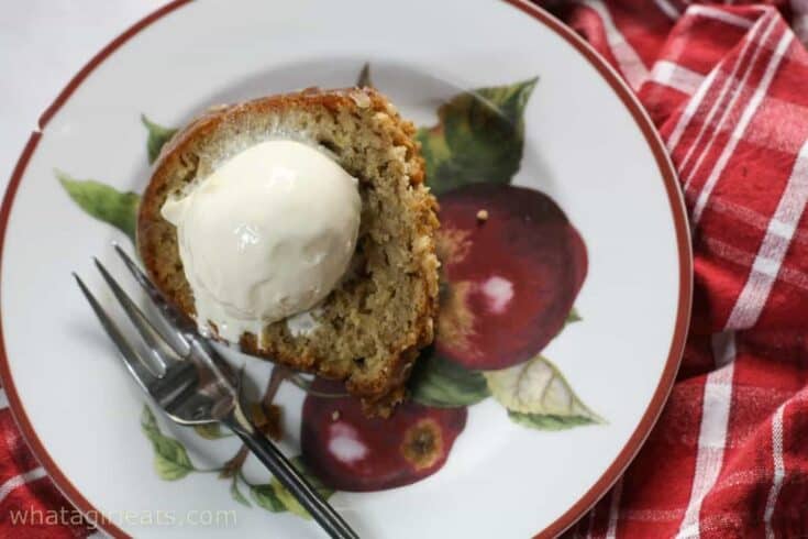 horizontal apple cake with ice cream