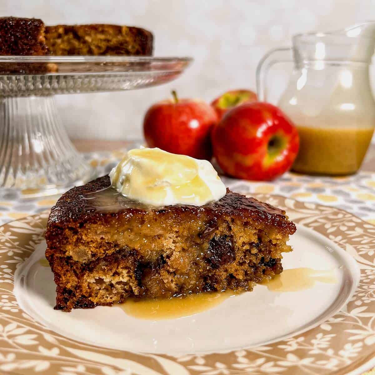 sticky toffee apple pudding slice plated square