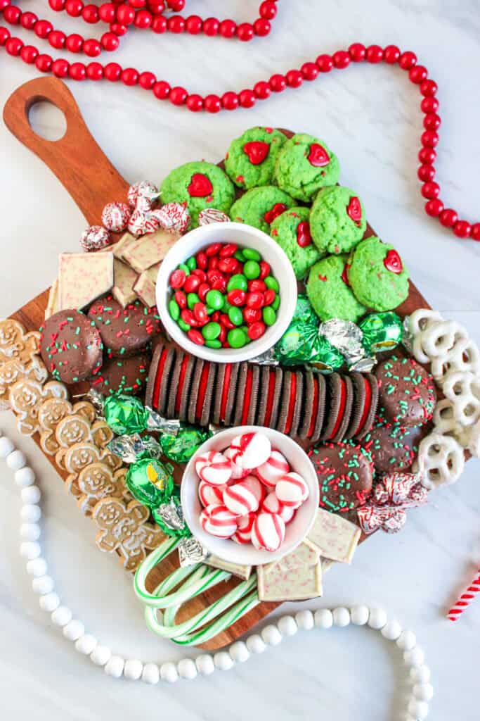 overhead shot of finished charcuterie board with christmas treats