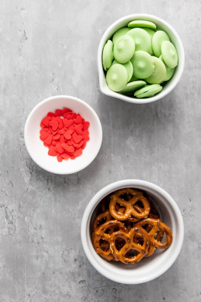 overhead shot of ingredients for christmas pretzels