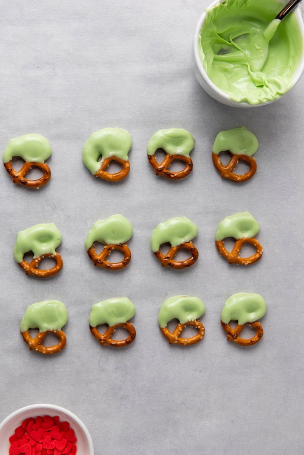 pretzels dipped in green candy