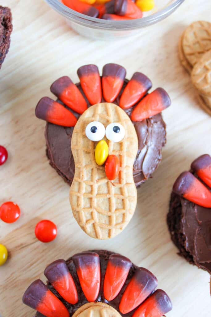 closeup of the finished individual thanksgiving turkey brownies