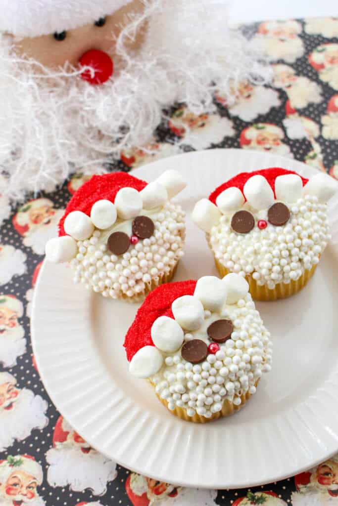 finished santa cupcakes on a plate