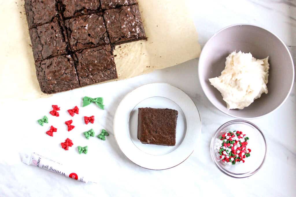 brownie on a plate ready to be decorated