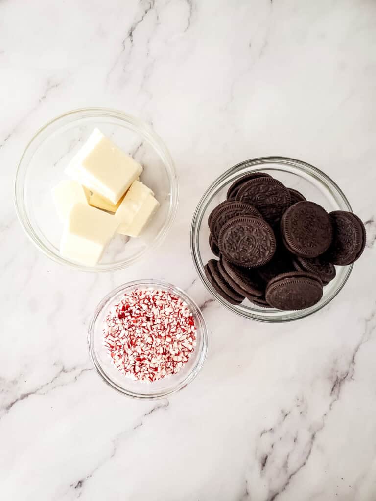 overhead shot of ingredients for peppermint oreos.