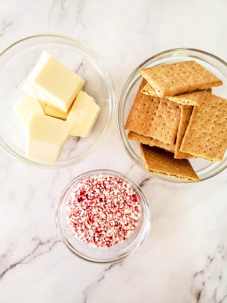 overhead shot of ingredients for white chocolate peppermint graham crackers