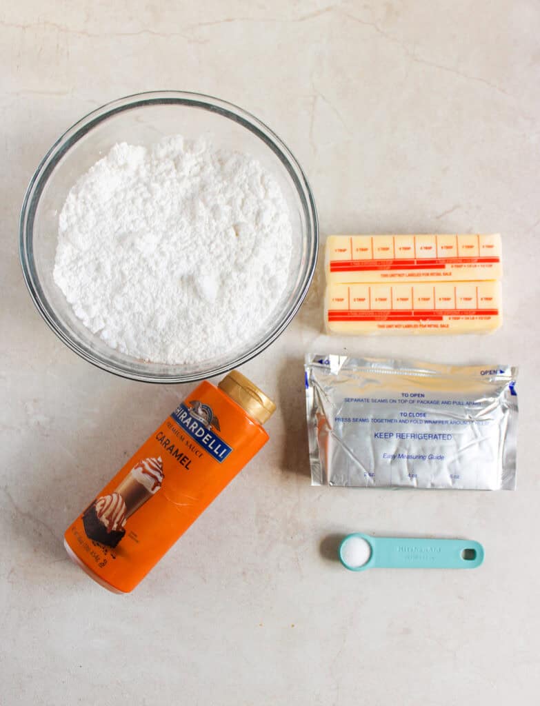 overhead shot of salted cream cheese frosting ingredients