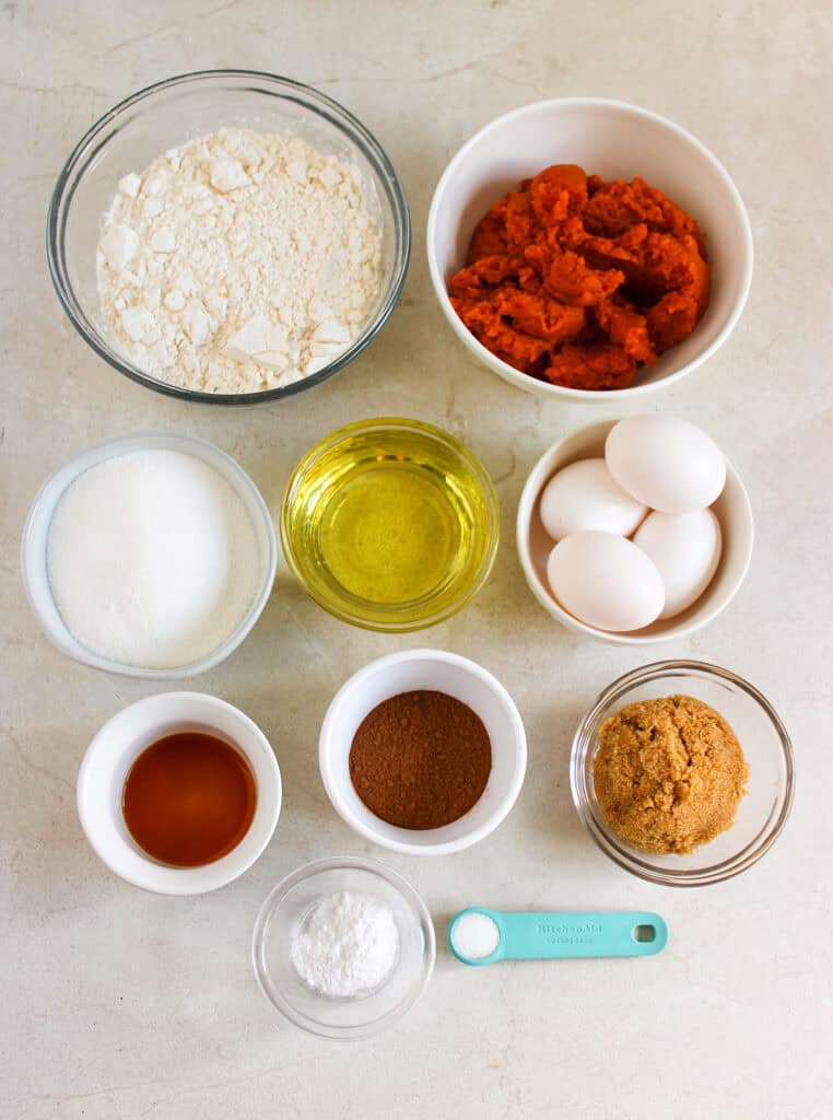 overhead shot of pumpkin cake ingredients