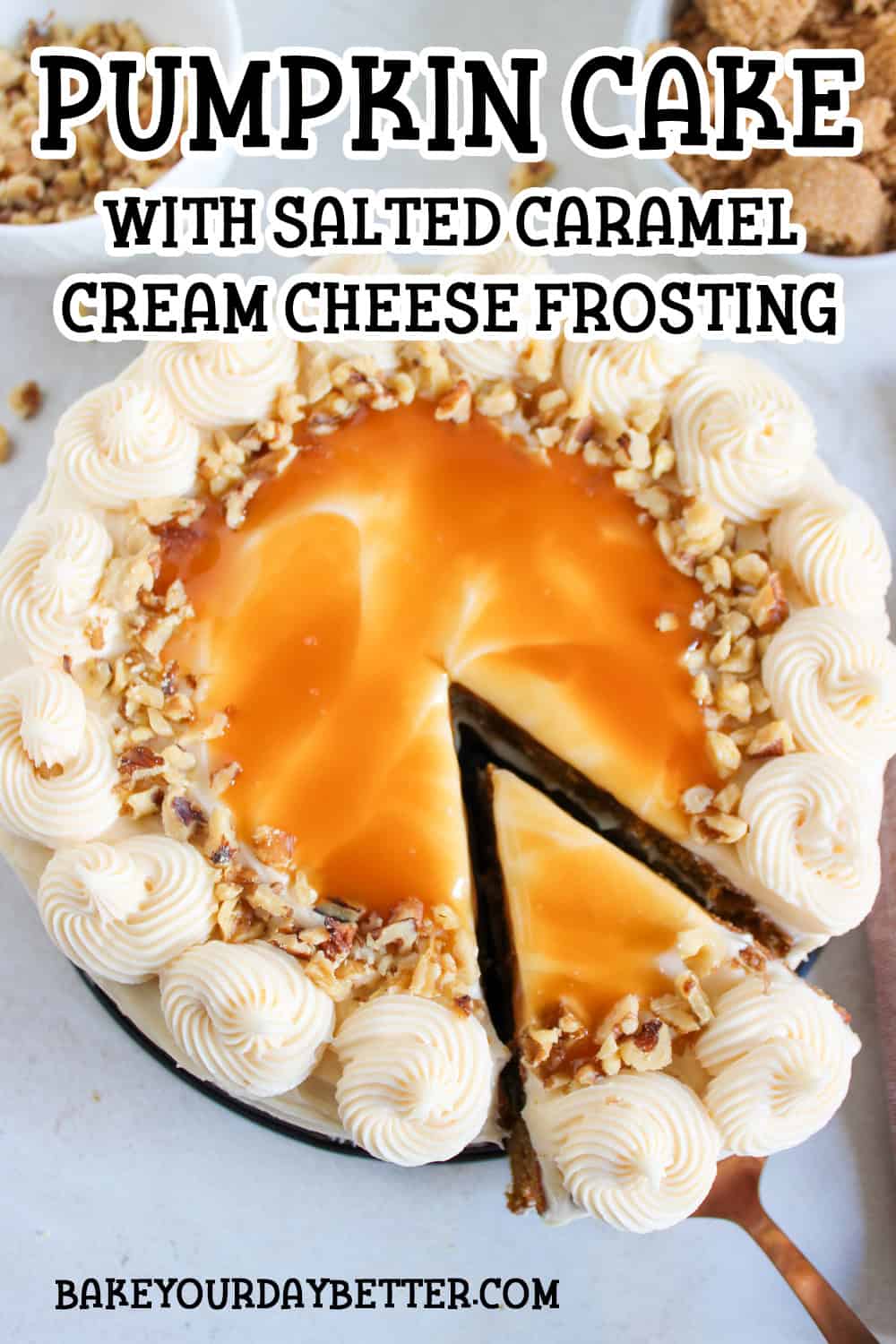 pumpkin cake with salted caramel cream cheese frosting