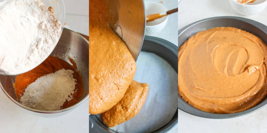 left: adding dry ingredients to wet ingredients; center: adding cake batter to lined cake pan; right: batter before baking