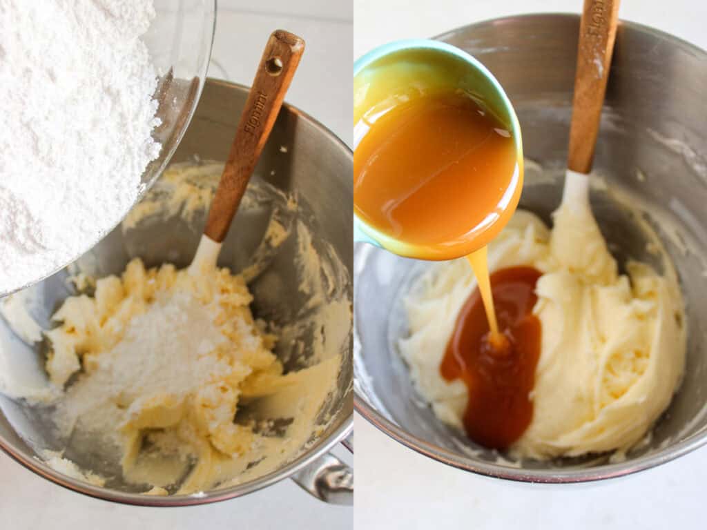 left: adding powdered sugar to cream cheese mixture; right: adding caramel sauce to cream cheese mixture