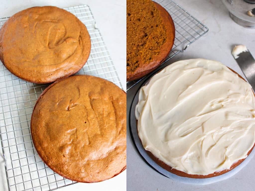 left: pumpkin cake layers on cooling rack; right: assembling the cake layers with frosting