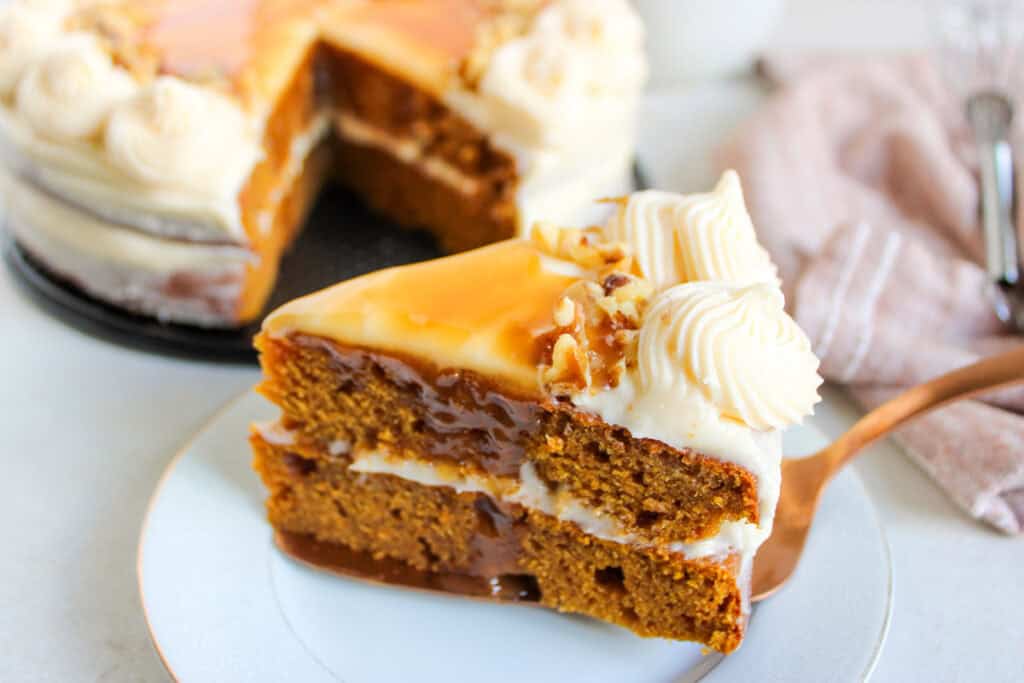 slice of pumpkin cake on a plate