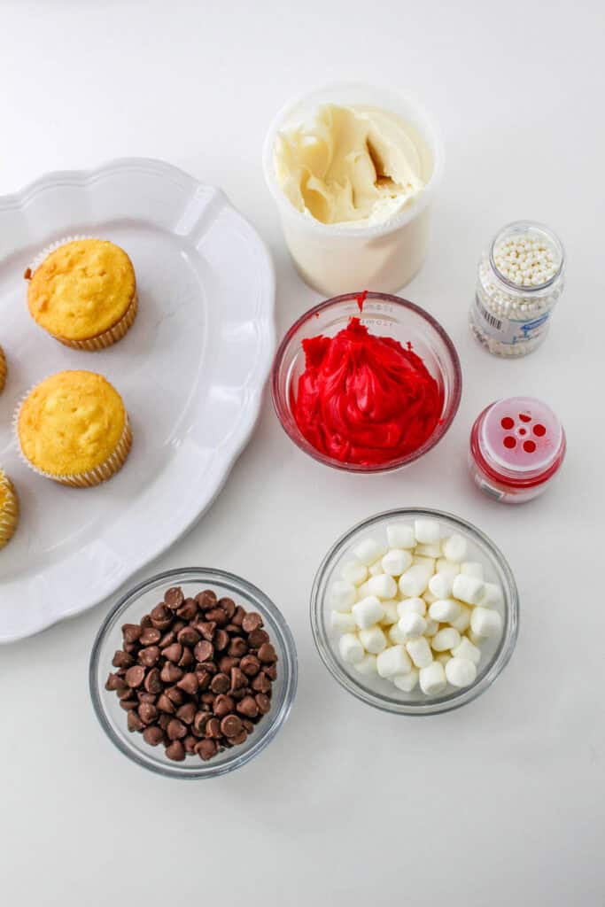 overhead shot of ingredients for santa cupcakes