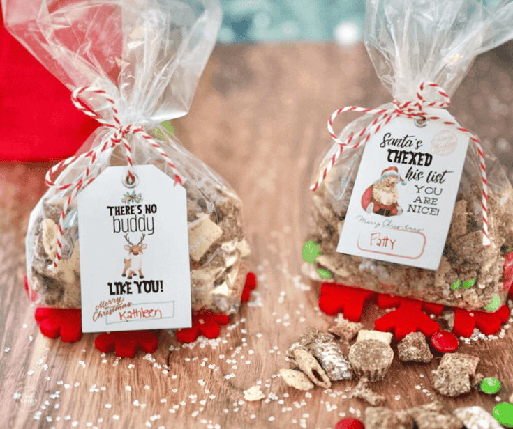 Christmas Muddy Buddy Recipe in bags with gift tags Facebook