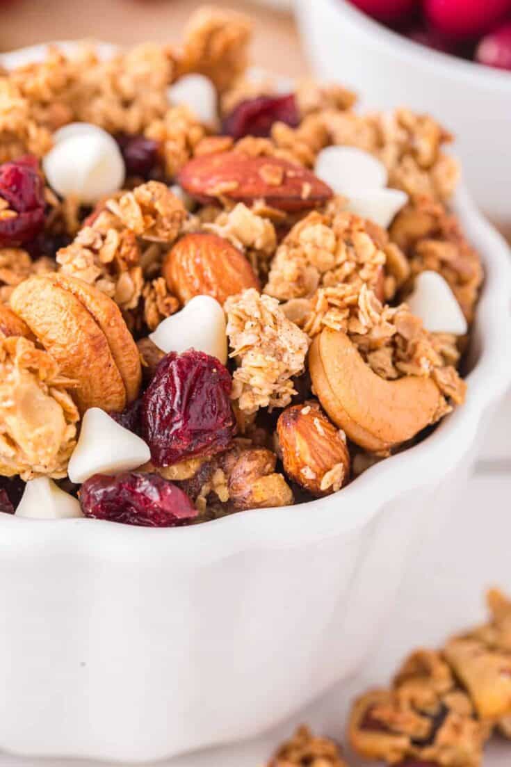 Cranberry White Chocolate Granola close up in a bowl Custom