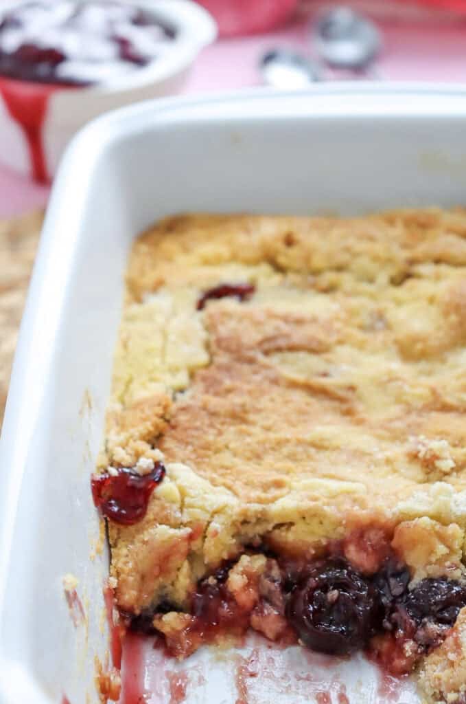 closeup of finished dump cake after being sliced