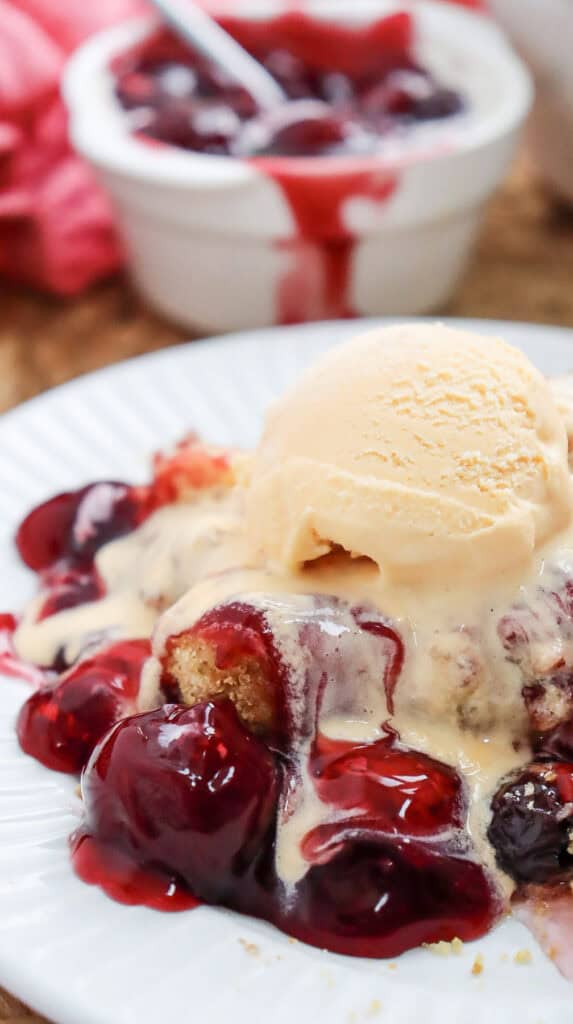 a scoop of dump cake with ice cream on top