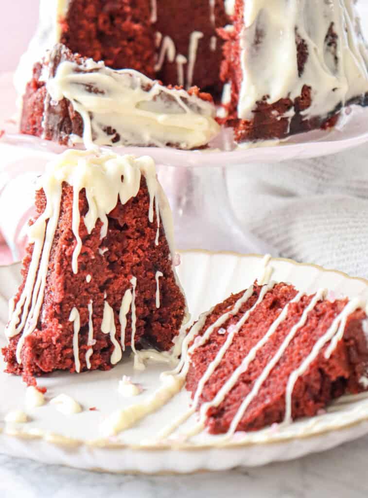 closeup of sliced red velvet cake on a plate