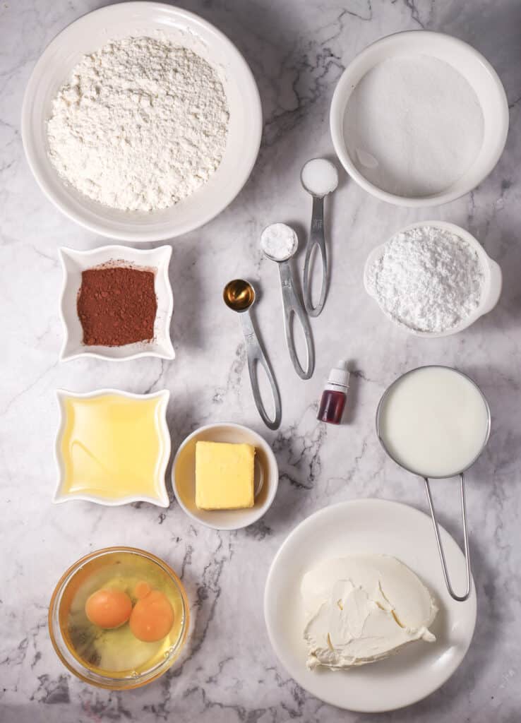 overhead shot of ingredients for red velvet cake