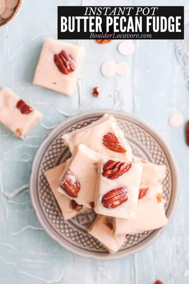 instant pot butter pecan fudge stacked with text