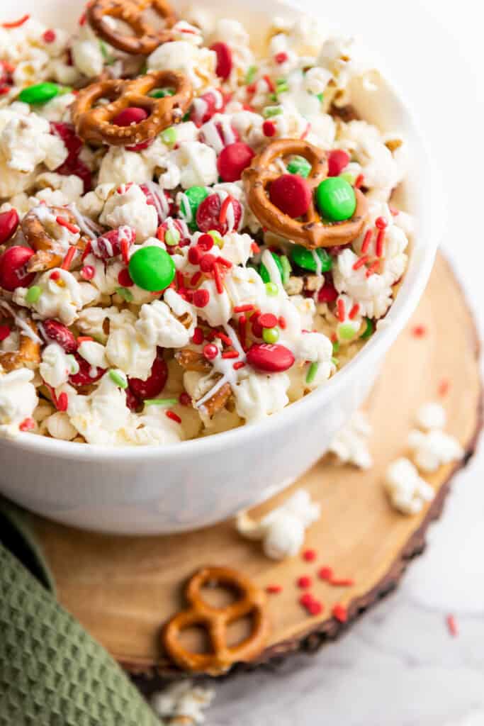 Closeup shot of Christmas popcorn in a bowl