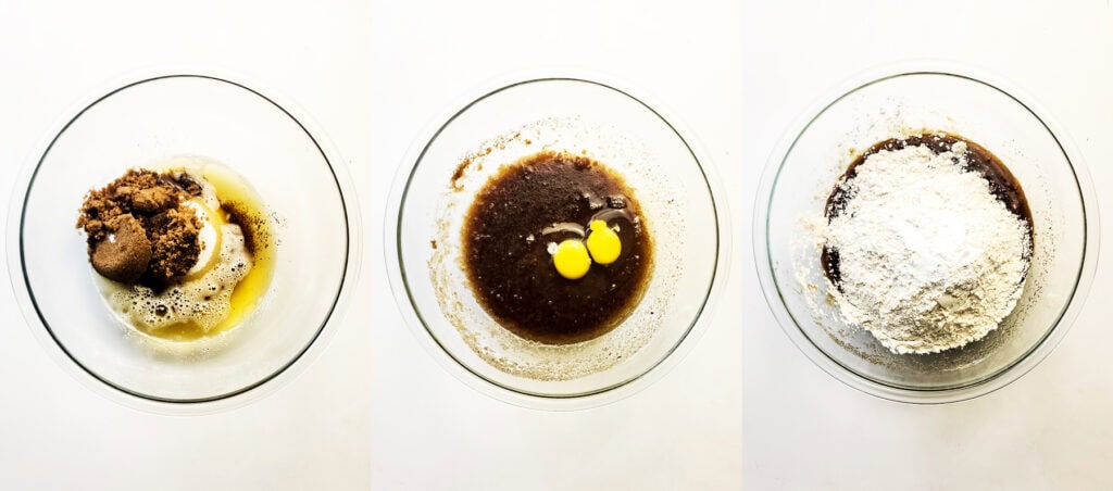 right: butter and sugar in a bowl; center: adding eggs to butter and sugar mixture; right: adding dry ingredients to mixture