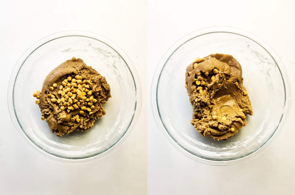 left: adding butterscotch chips to dough; right: dough after mixing in the butterscotch chips