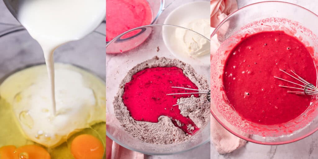 left: mixing all of the wet ingredients; center: mixing wet ingredients into dry ingredients; right: finished batter in a bowl