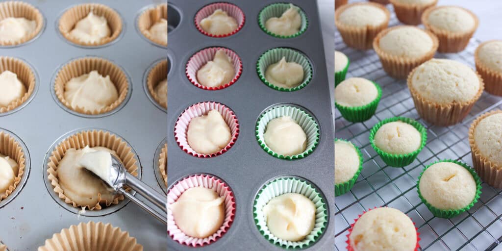 filling cupcake liners and cupcakes on cooling rack