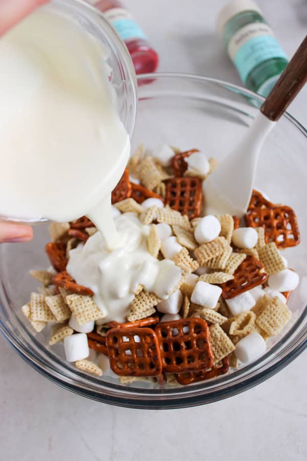 mixing white chocolate into bowl