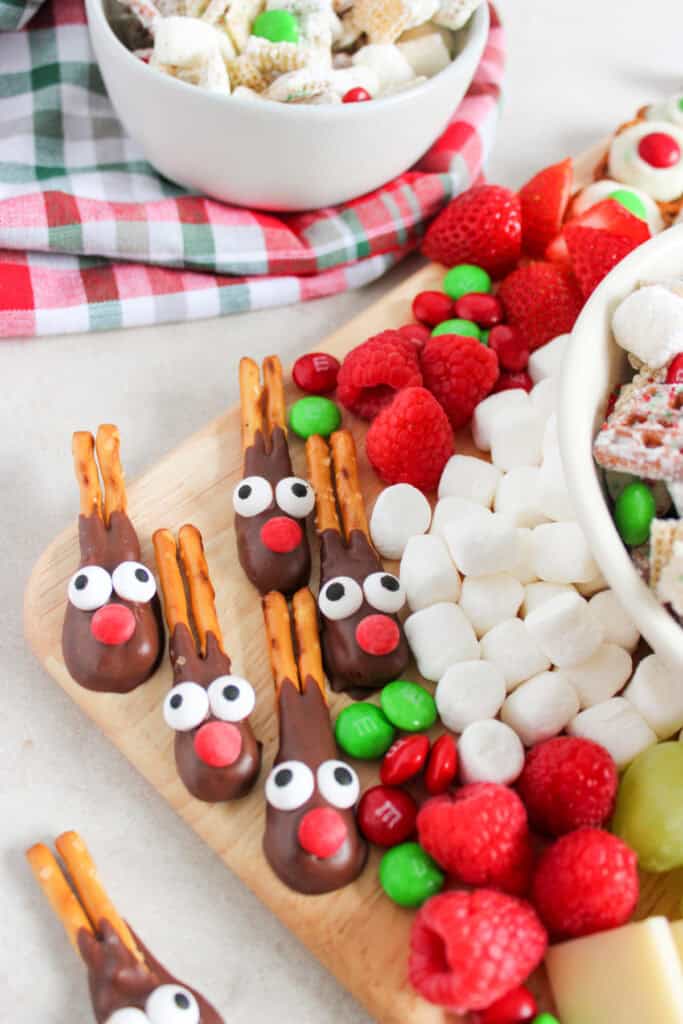 closeup of reindeer pretzels on the snack board