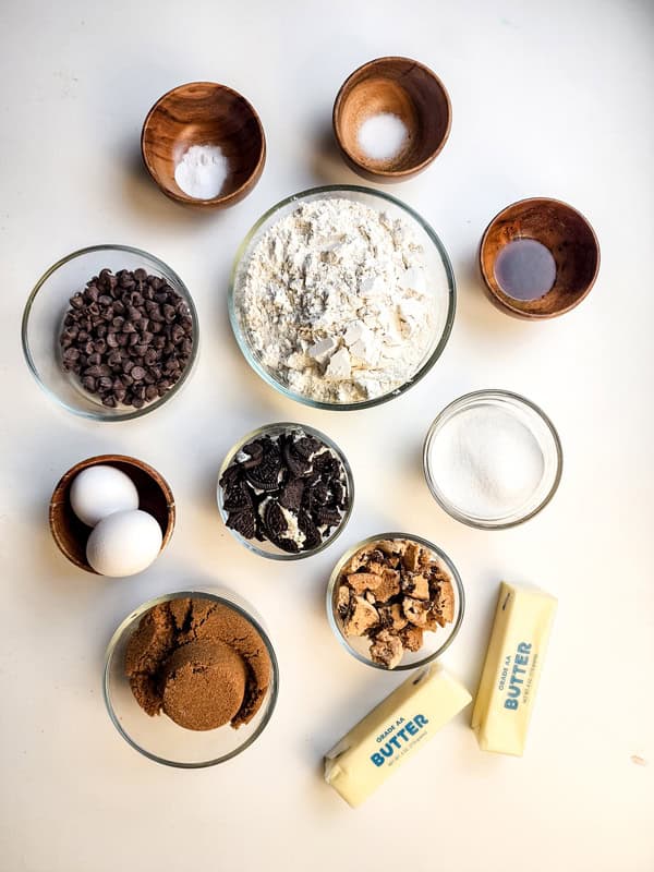 overhead shot of ingredients for cookie monster cookies